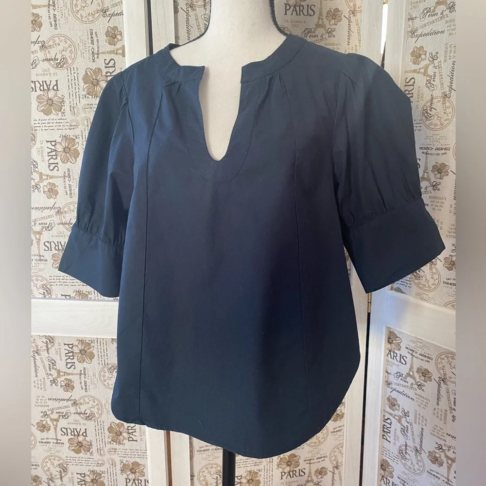 Anthropologie Black Cotton Blouse with Puff Sleeves - Picture 3 of 5